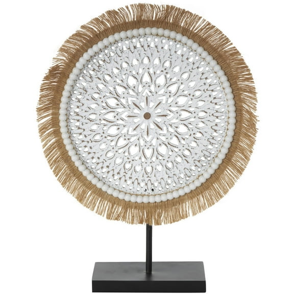 14" x 18" White Wooden Handmade Seagrass Fringed Tribal Sculpture with Black Base, by DecMode