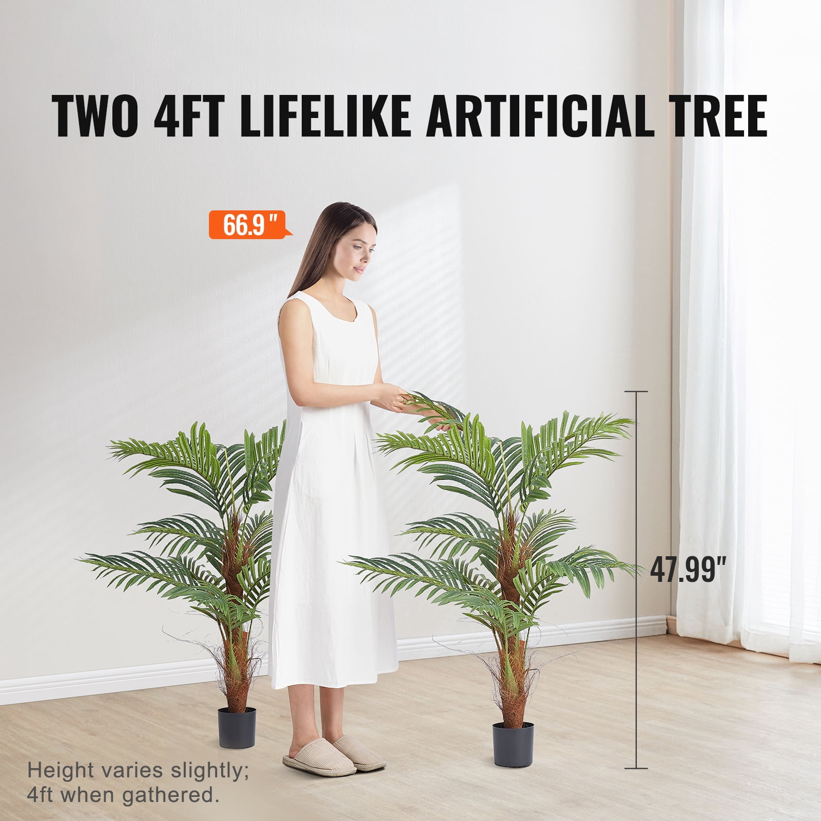 KFFKFF Artificial Palm Tree, 4 FT Tall Faux Plant, Durable PE Material & Stable Base, Low-Maintenance Decorative Plant, Realistic Green Fake Tree for Indoor and Outdoor Home, Office, or Warehouse Use