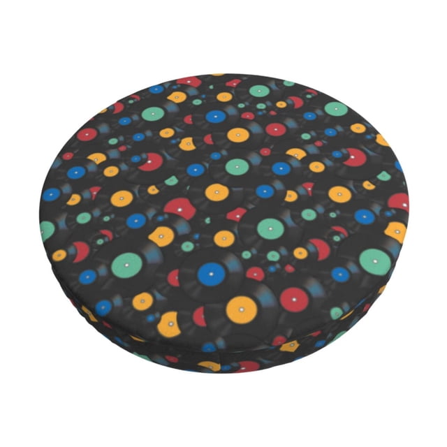 Disketp Vintage Records Funda Redonda para Taburete, Funda de Cojín para Silla de Bar Suave y Elástica-14 inch