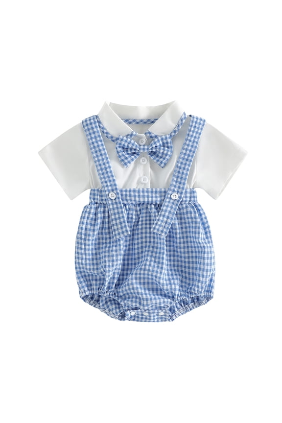 Newborn Baby Boy Gentleman Outfit Infant Baby Boy Summer Clothes Bubble Romper Fake Two-Piece Short Sleeve Turn-down Collar Plaid Bodysuit Playsuit with Bowtie Baptism Day Church Outfit