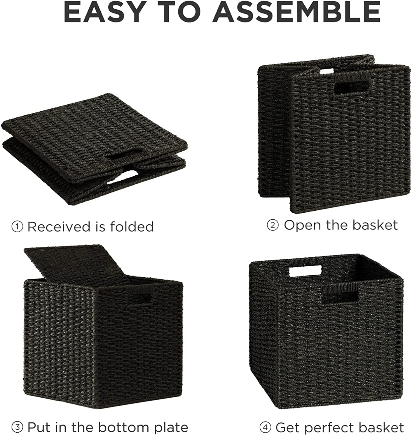 HBlife Wicker Baskets, Set of 3 Hand-Woven Paper Rope Storage Baskets, Foldable Cubby Storage Bins, Large Wicker Storage Basket for Shelves Pantry Organizing & Decor, Black
