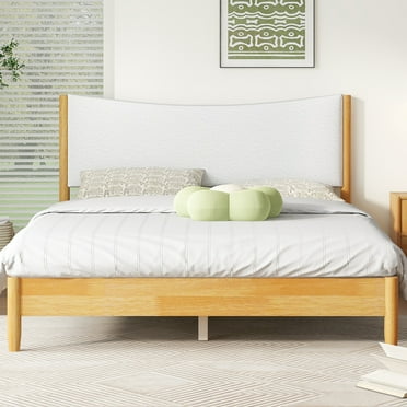 Euroco Wood Queen Size Platform Bed with Upholstered Headboard, White