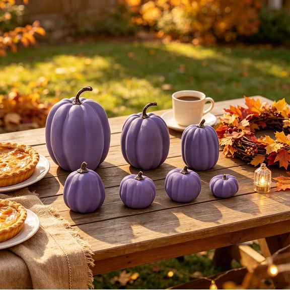 Sruoe Matte Purple Assorted Size Artificial Foam Pumpkins Fake Pumpkin Ornaments For Fall HarvestThanksgiving Halloween Table Tiered Tray Home Decor
