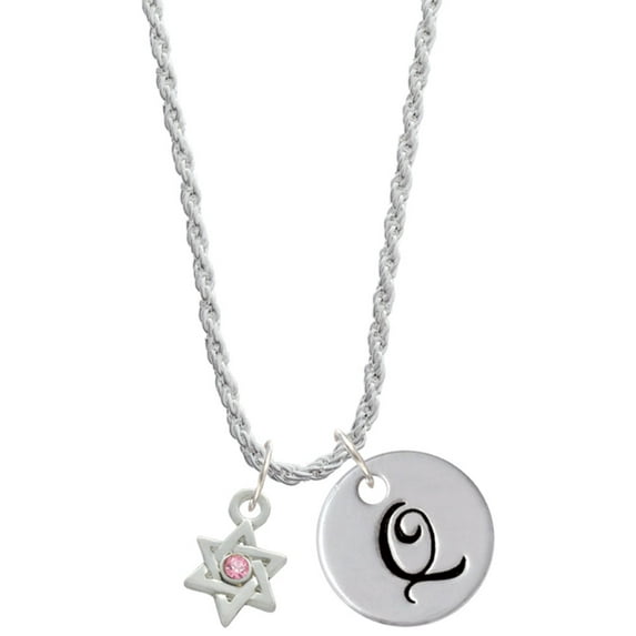 Delight Jewelry Silvertone Mini Star of David with Pink Crystal Silvertone Script Initial Disc - Q - Charm Necklace, 20"+3"