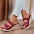 thumbnail image 3 of Rokment Womens Wedges High Heels Dress Slides Sandals Ladies Stylish Simple Denim Cross-Band Platform Chunky Heeled Slip on Summer Casual Height Increasing Dressy Slippers Red Size 9.5, 3 of 7