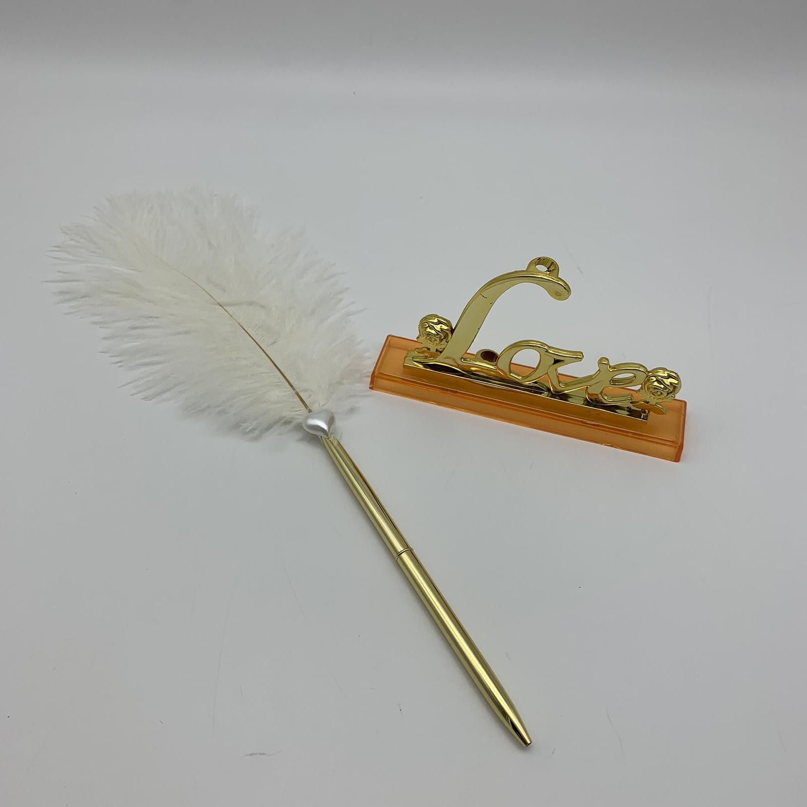 Yunhgft White Feathers Signing Pen with Gold Plated Metal Love Holder Wedding Pen Set
