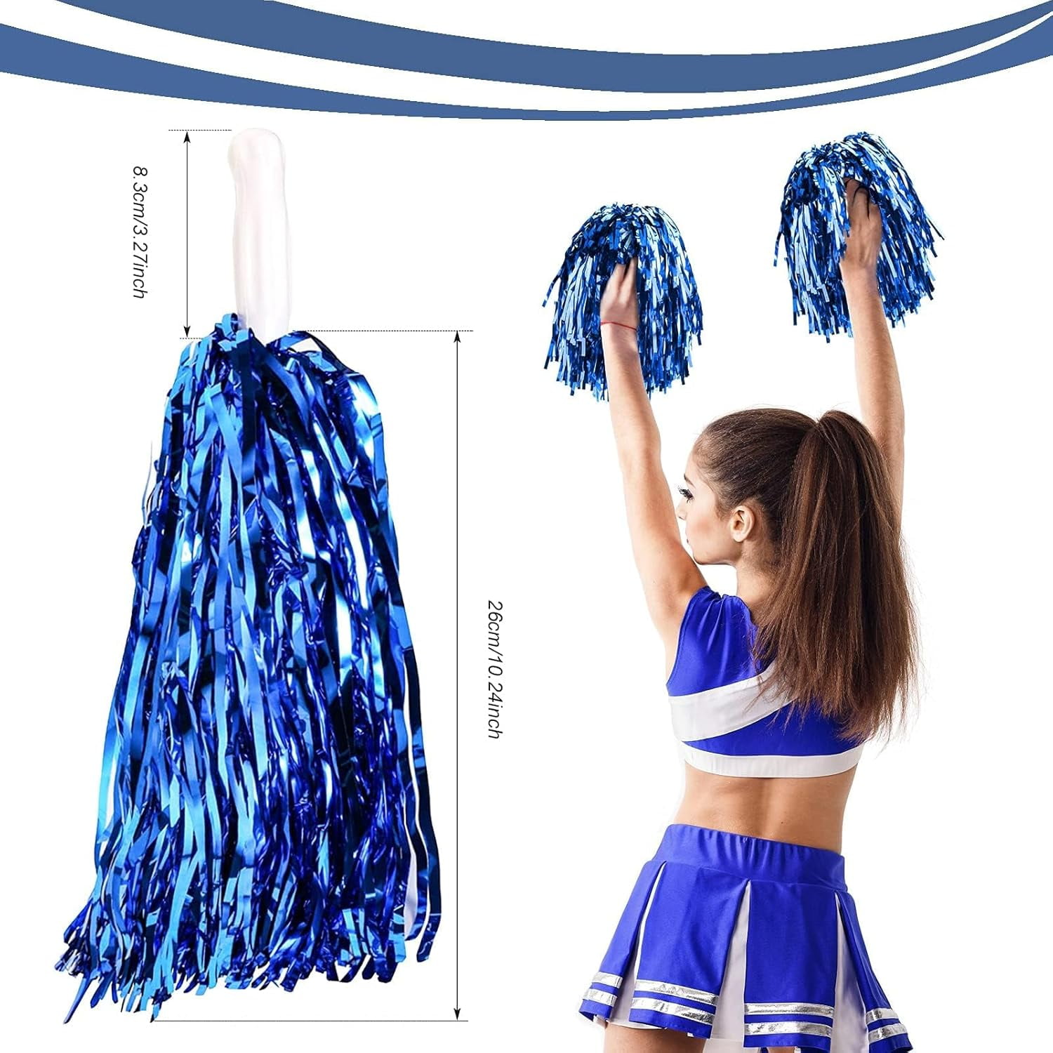 Zhangyh Pom Poms Cheerleading,Fluffy Cheerleader Pompoms with Baton Handle,Metallic Pom Poms Cheerleading for Adults Team Spirit Sports Game Dancing Party (Blue, 4 Pack)