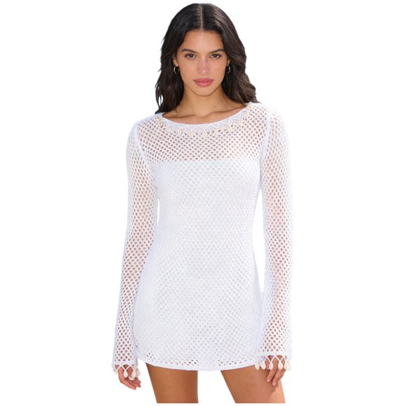 Raenseen Beach Cover Up Dress For Women With Shell Decoration And Crochet Cut Outs Crochet Swimsuit White S