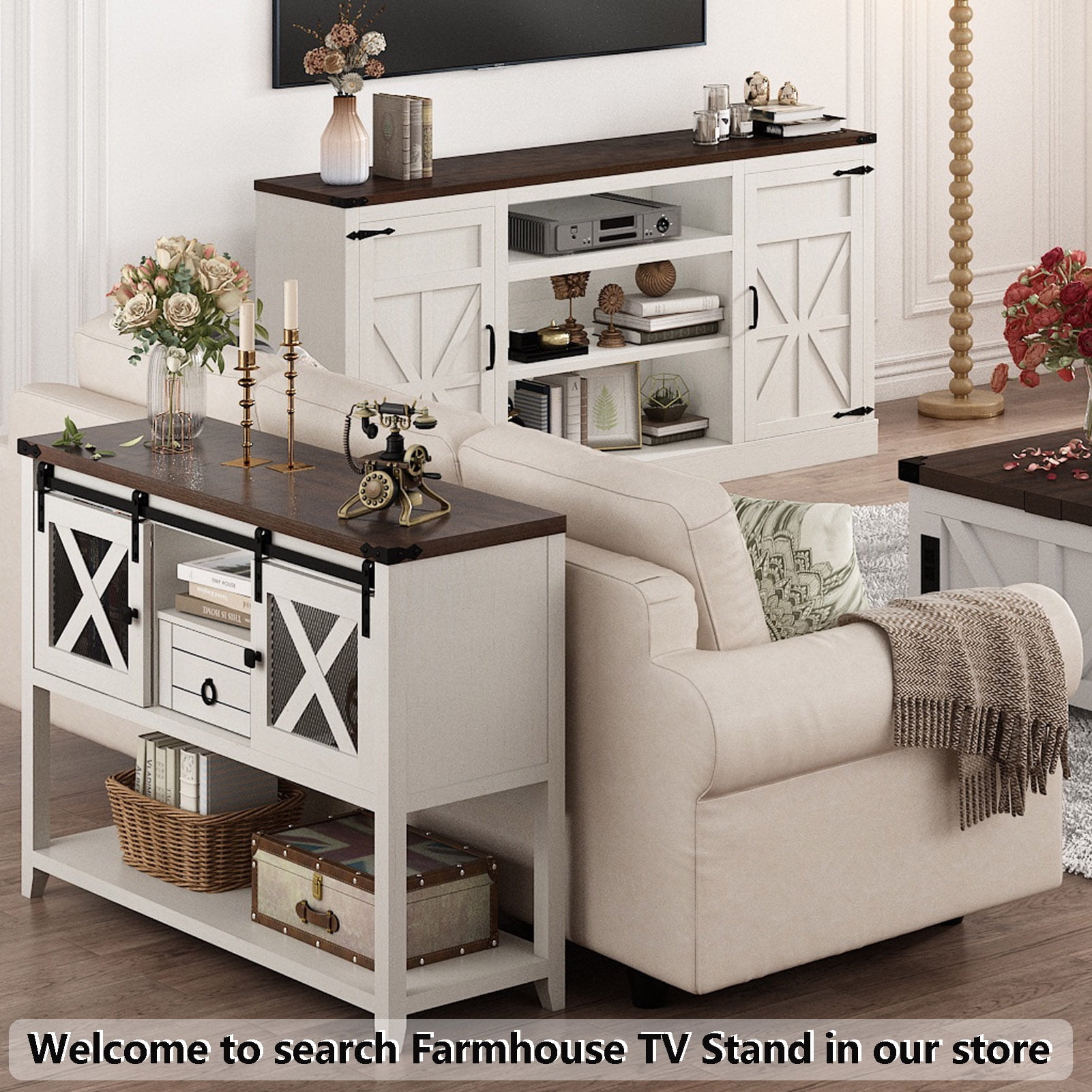 46'' Large Farmhouse Entryway Table with Sliding Barn Doors, Console Table Sofa Side Table with Storage Drawer for Hallway, Living Room(Antique White-Entryway Table)