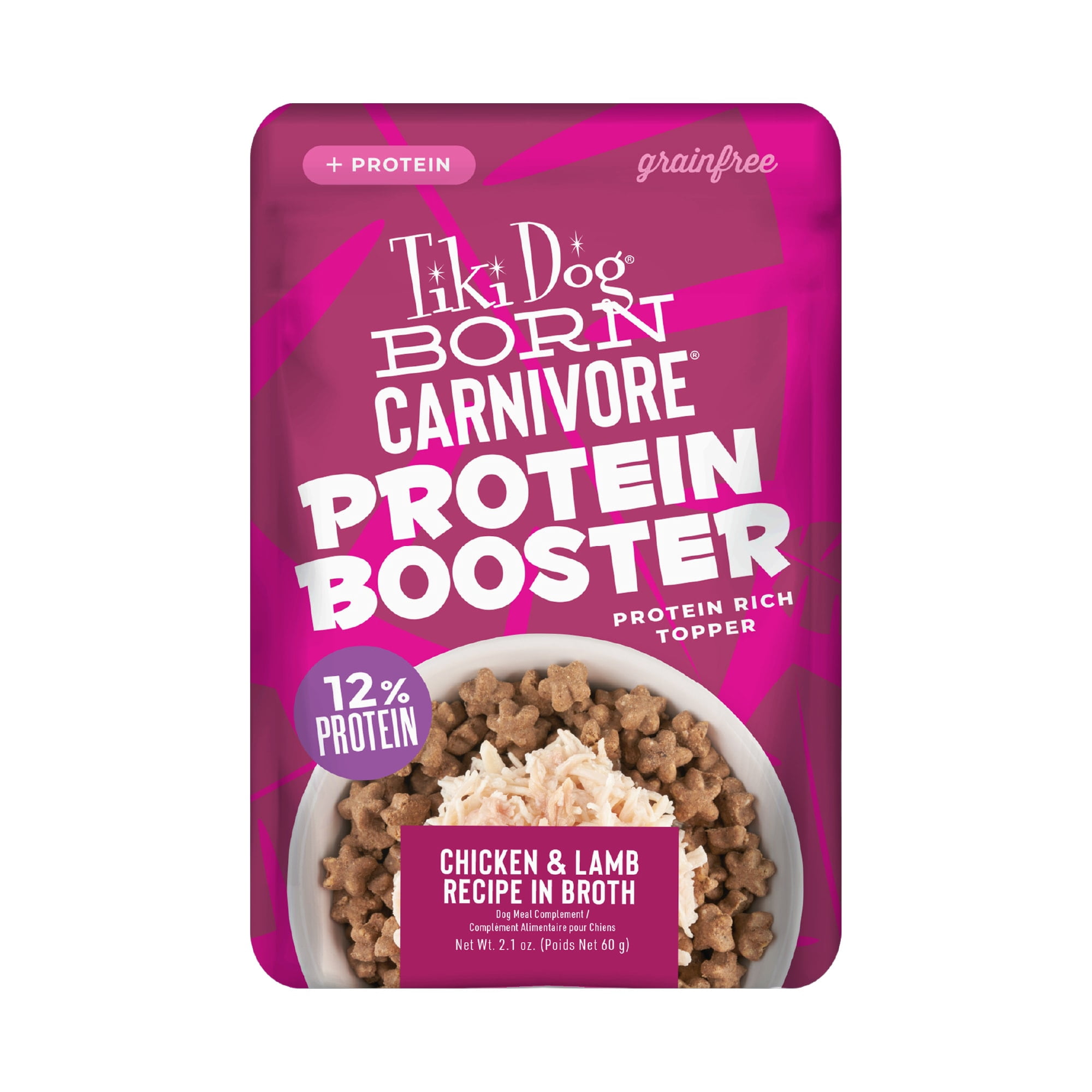Tiki Dog Born Carnivore Protein Booster Topper, Chicken and Lamb Recipe in Broth Dog Food Topper, 2.1 oz., Case of 12
