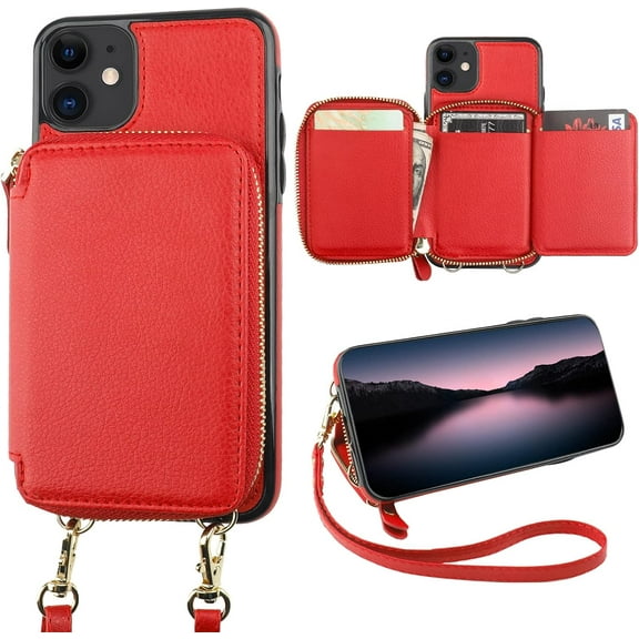RFID Blocking Wallet Case for iPhone 11, Adjustable Crossbody Zipper Purse Case Card Holder with Kickstand Detachable Wrist Strap, PU Leather Flip Folio Case 6.1 Inch (Red)