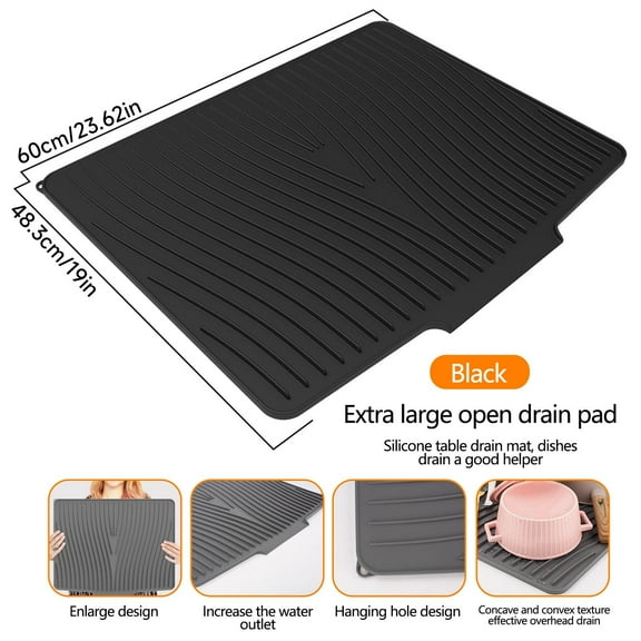Dish Drying Mat with Bulged Edge Spout 24x19 Inch Silicone Mats for Kitchen Counter Extra Large Tableware Pad Dish Drying Rack Antis Slip Sink Pad Bowl and Drying Filter Pad Thermal Insulation