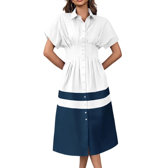 Women Shirt Dress Short Sleeve Button Down Corset Waist Midi Dress with Striped Hem
