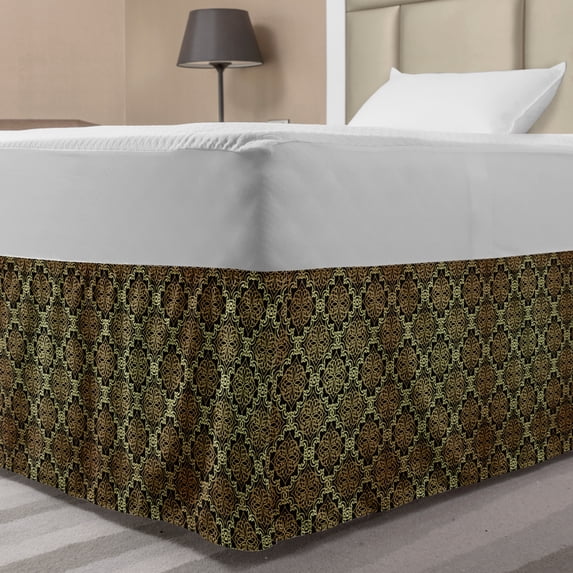Abstract Bed Skirt, Repetitive Damask Design of Ornaments Intertwined Oriental Motifs Print, Elastic Bedskirt Dust Ruffle Wrap Around for Bedding Decor, 4 Sizes, Charcoal Grey Almond, by Ambesonne