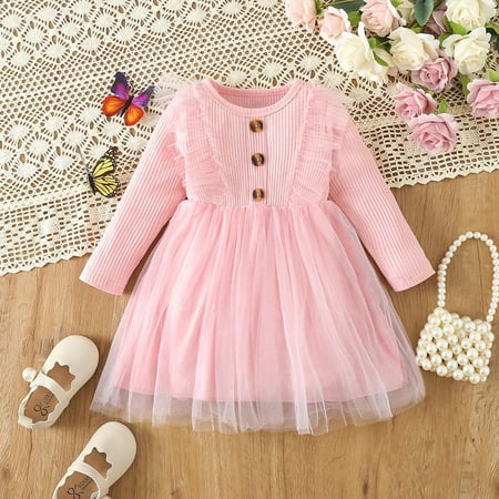 

Toddler Girl Dresses Long Sleeve Ribbed Ruffles Solid Tulle Toddler Girl Clothes