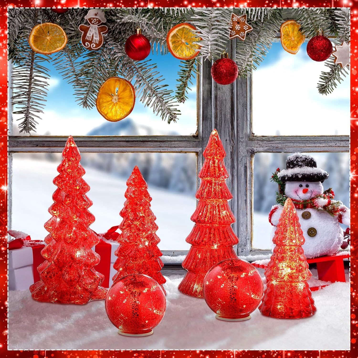 6 Pcs Mercury Glass Christmas Tree for Tabletop Light up Figurine Christmas Tree Mercury Cracked Glass Globe with Light for Xmas Decor Home Party Centerpiece Mantel Gift