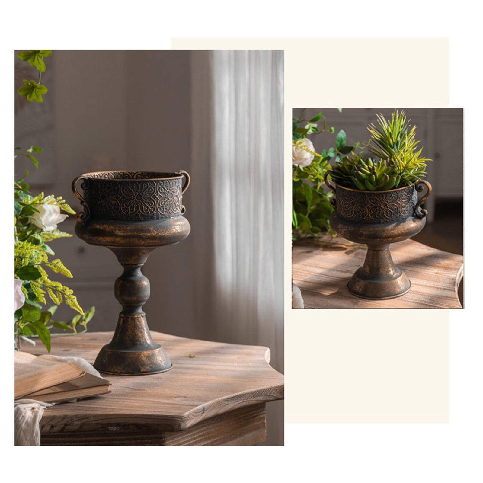 Iron Flower Pots Planter Decorative Urn With Embossed Relief Detail Adding Elegances To Porch Or Living Room Centerpiece