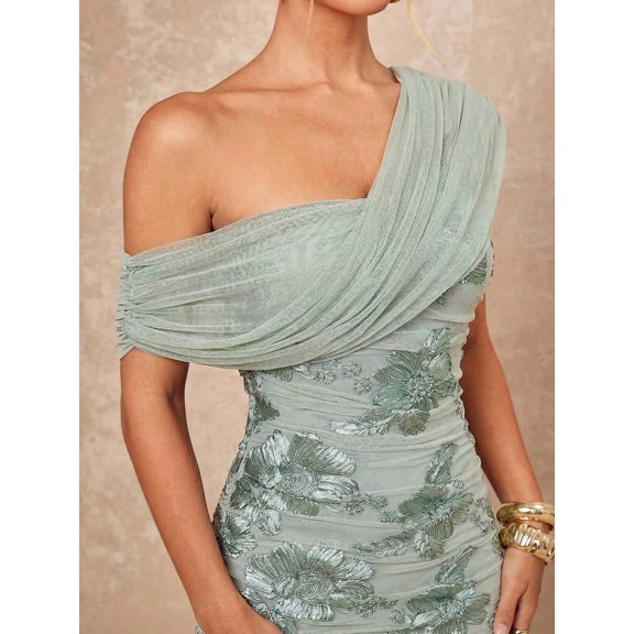 Elegant Sage Green One-Shoulder Maxi Dress with Floral Sequin Applique