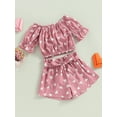 thumbnail image 3 of Mialoley Toddler Girls Summer Outfit Sets Short Sleeve Off Shoulder Tops + Heart Print Shorts with Belt, 3 of 9
