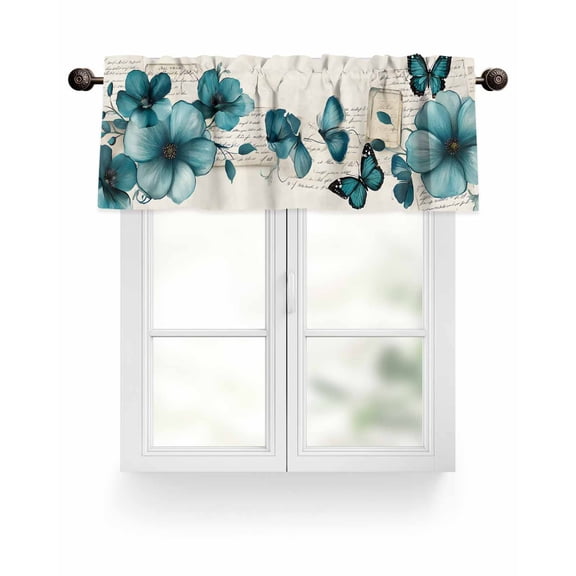 Watercolor Blue Flowers Valances for Windows Butterfly Plant Retro Style Valance Rod Pocket Light Filtering Short Window Treatments Curtains for Kitchen Bathroom Living Room Bedroom, 54 x 18 Inch