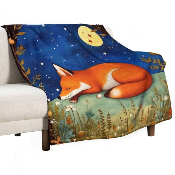 Fox Sleeping Under Moonlit Sky Blanket Soft Throw Warm Lightweight Plush Blanket for Couch Bed Sofa