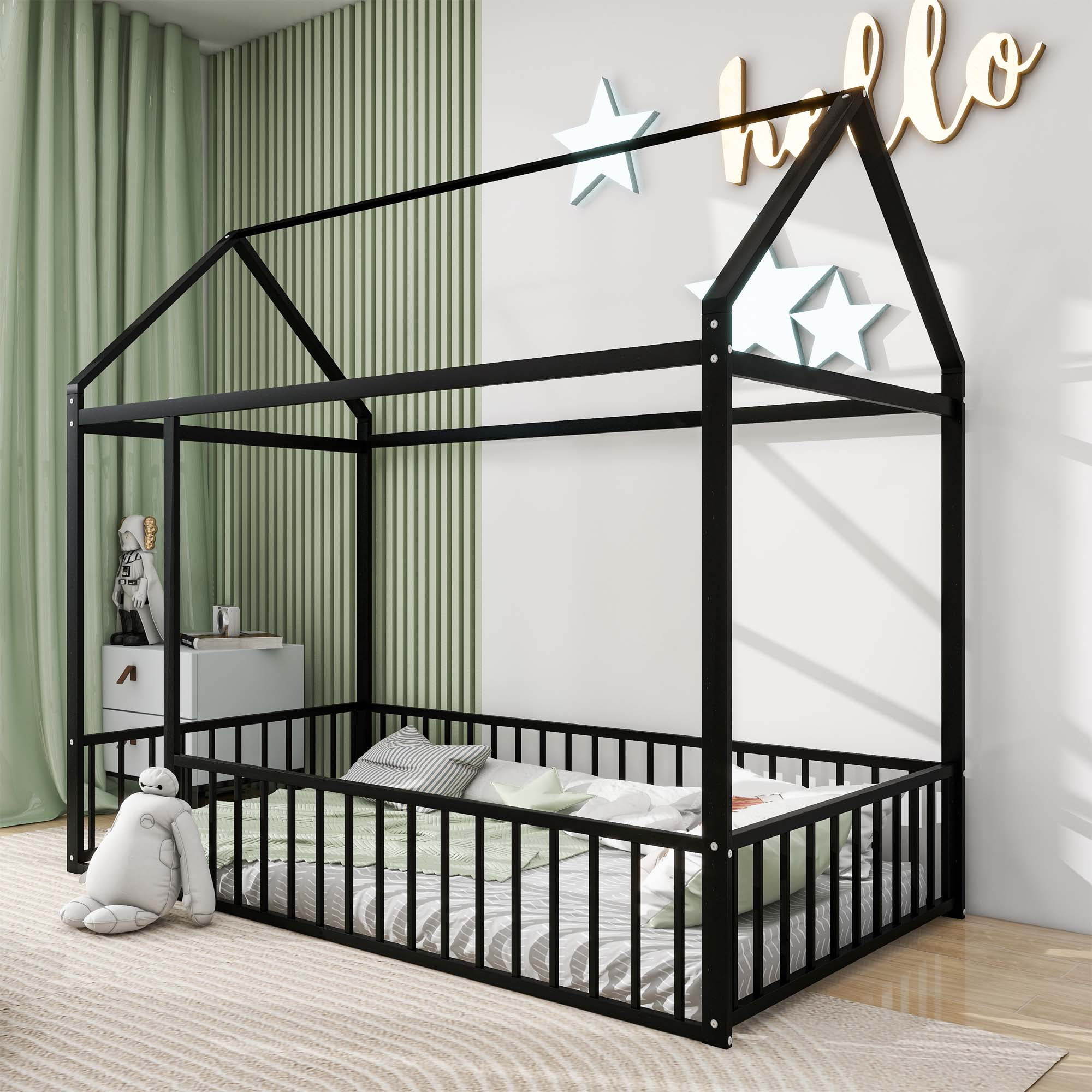 DEALTOPS Twin Size Metal House Bed with Fence, Montessori Floor Bed Frame for Kids, Black