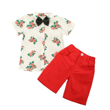 

Puloru Children s baby boy 3 piece suit printed shirt + shorts + bow tie