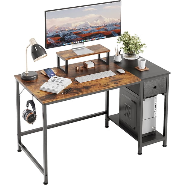 VERMESS 47 inch Vintage and Black Office Desk with Woven Drawer and ...