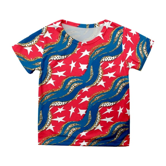 Akiihool 4th of July Shirts for Girls' 4th of July T-Shirt Patriotic Red White Blue Star Print Short Sleeve Tee (Hot Pink,8-9 Years)