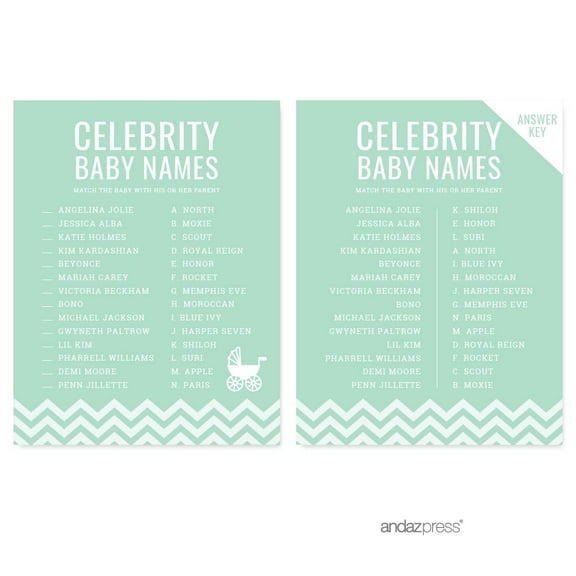Celebrity Name Game Mint Green Chevron Baby Shower Games, 20-Pack