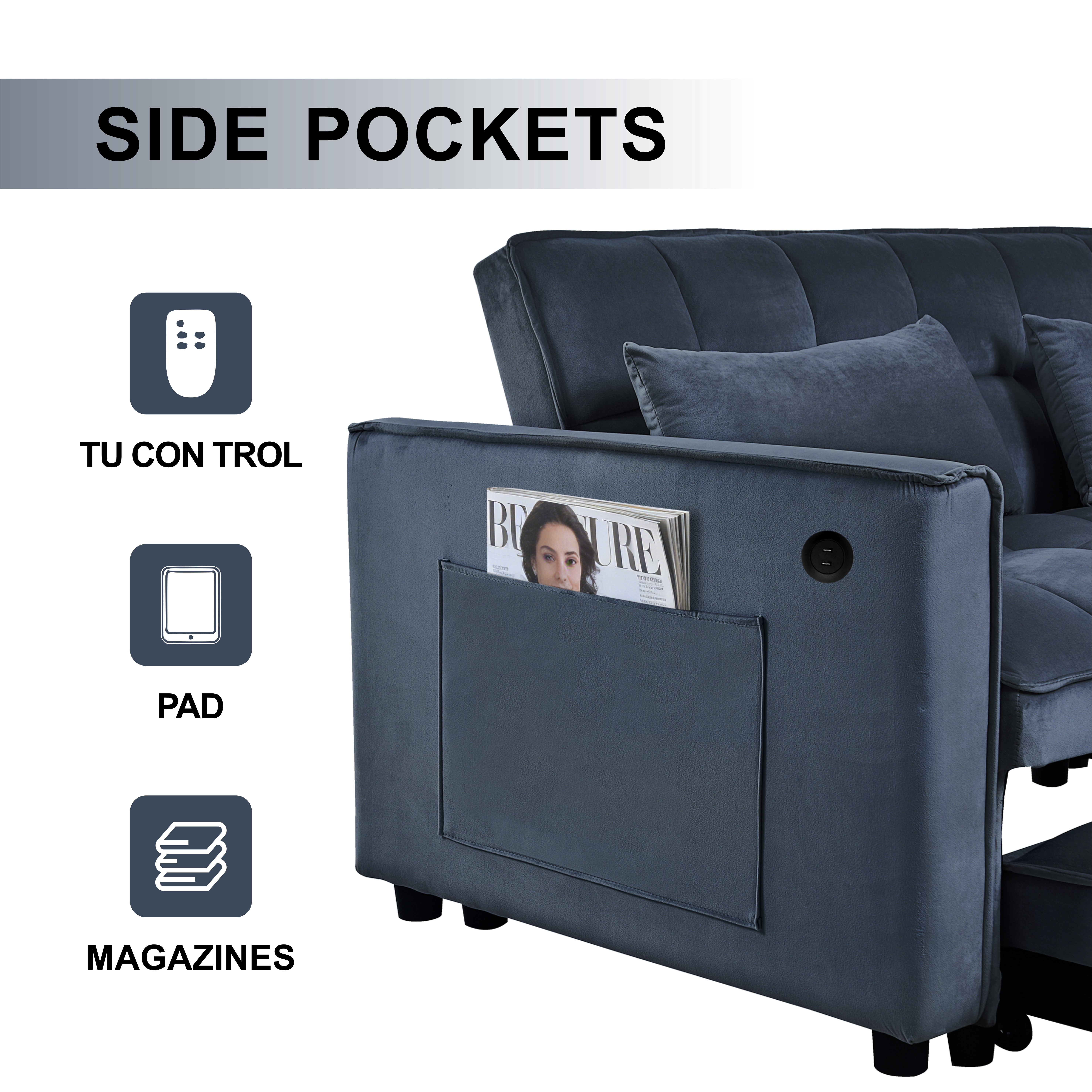 Gewnee 3 in 1 Modern Convertible Sleeper Sofa Bed,Velvet Pull Out Couch with Adjustable Backrest,USB,Side Pockets,Black Loveseat Futon for Living Room,Apartment