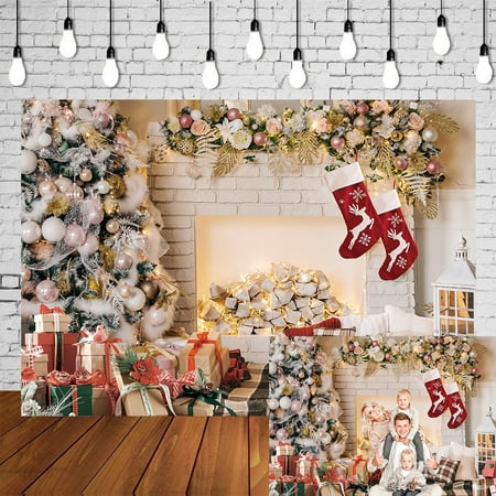 Image of 6×4FT Christmas Backdrop White Background Fireplace for Christmas Backdrops Photography White Brick Fireplace Christmas Tree Backgrounds for Family Portrait Photo Backdrop