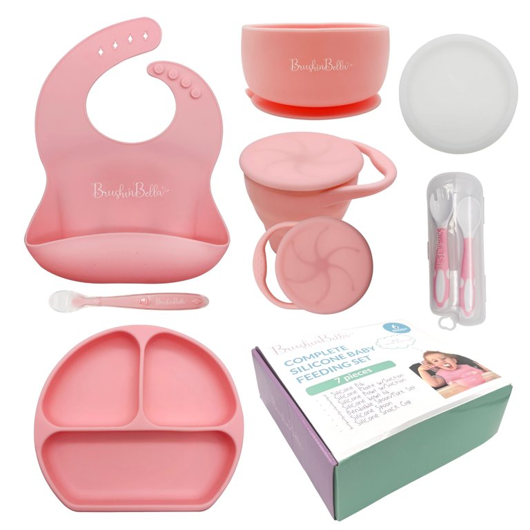 BrushinBella Baby Feeding Supplies - Complete Baby Feeding Set with Baby Plate, Baby Spoons First Stage, Silicone Bib and Snack Cup