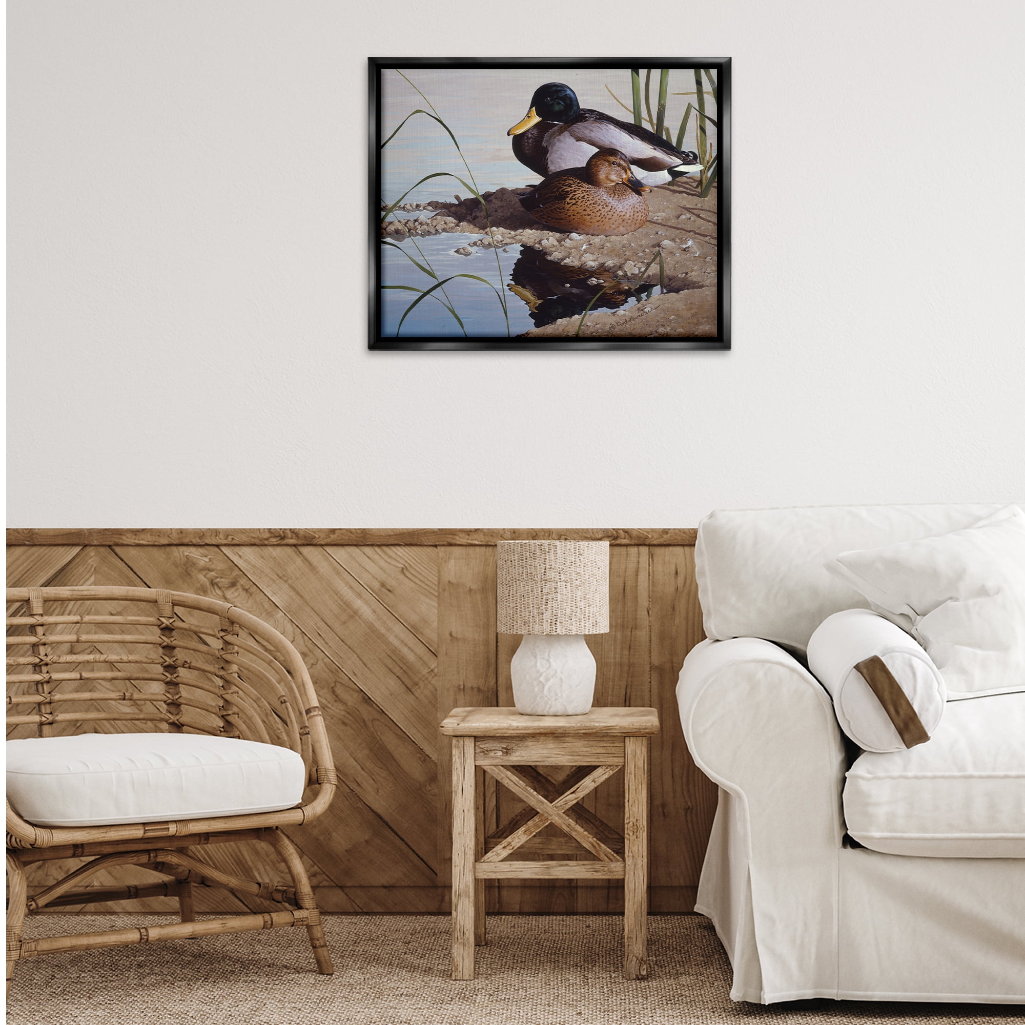 Stupell Industries Two Ducks Water's Edge Animals Painting Black Floater Framed Canvas Art Print Wall Art, 31 x 25