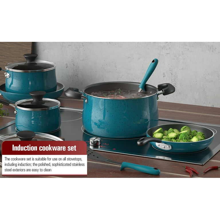 Cook N Home Pots and Pans Nonstick Cookware Set 10-Piece, Belly Shape  Kitchen Cooking Set with Frying Pans and Saucepans, Induction Compatible,  Turquoise 