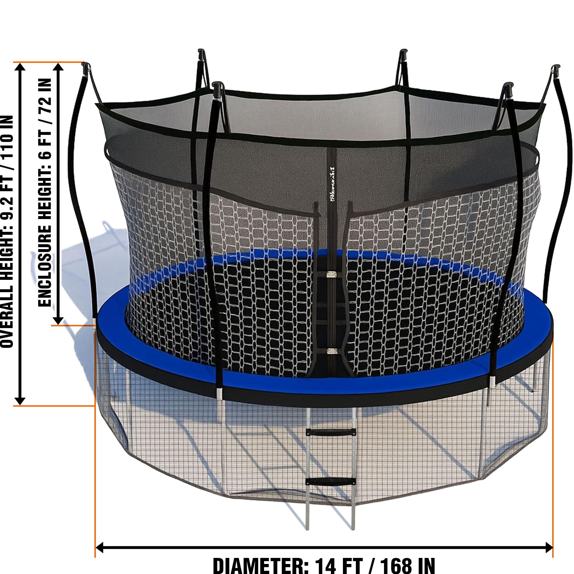 Bounce Pro 14ft Kinertial Trampoline Set with Double-Net Enclosure, Curved Poles, 360° Undermat Net & Ladder