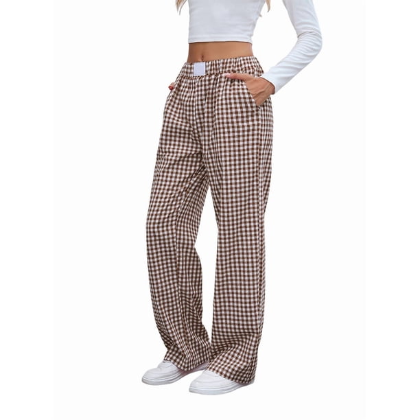 Pantalones Bóxer A Rayas para Mujer, de Algodón, para Estar en Casa, Informales, A Cuadros, Estilo Y2K, con Bolsillos Color Café XL