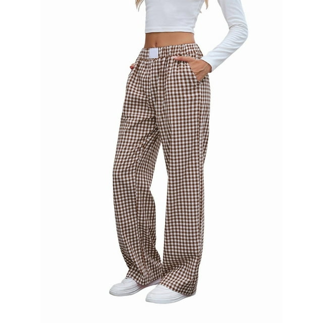 Pantalones Bóxer A Rayas para Mujer, de Algodón, para Estar en Casa, Informales, A Cuadros, Estilo Y2K, con Bolsillos Color Café M