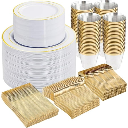 

300Pcs Gold Dinnerware Set for 50 Guests Gold Rim Plastic Plates Disposable 50 Dinner Plates 50 Salad Plates 50 Gold Cups 50 Gold Silverware Set for Party and Wedding