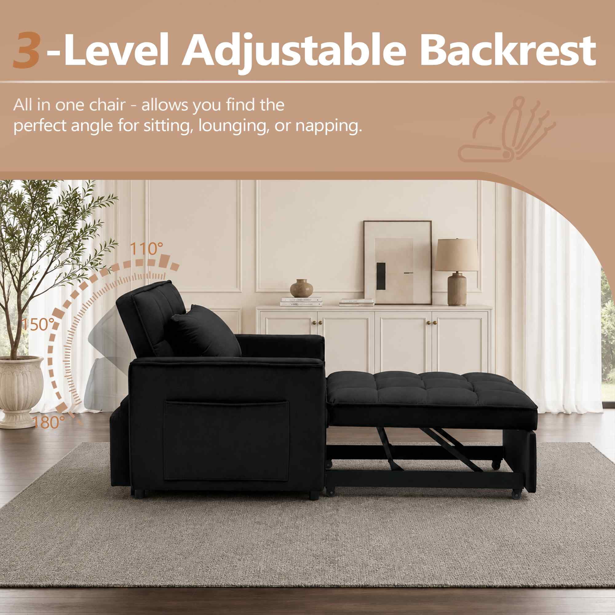 FFH Recliner Chair, Convertible Sofa Bed with Adjustable Backrest, Couch for Living Room, Bedroom, Black
