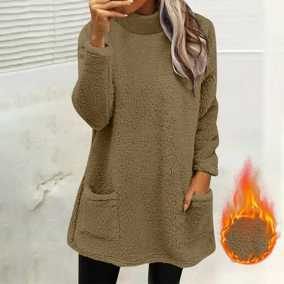 DPTALR George Women's Winter Solid Color High Collar Long Sleeve Top with Pocket,Coffee,Size M