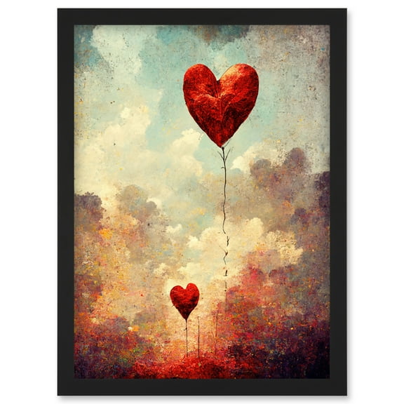 Modern Abstract Floating Red Love Heart Balloons Artwork Framed Wall Art Print A4