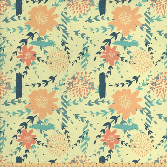 Floral Sofa Upholstery Fabric by the Yard, Flourishing Growing Flowers and Branches in Pastel Art Simple Painting Dashes, Decorative Fabric for DIY and Home Accents, Multicolor by Ambesonne