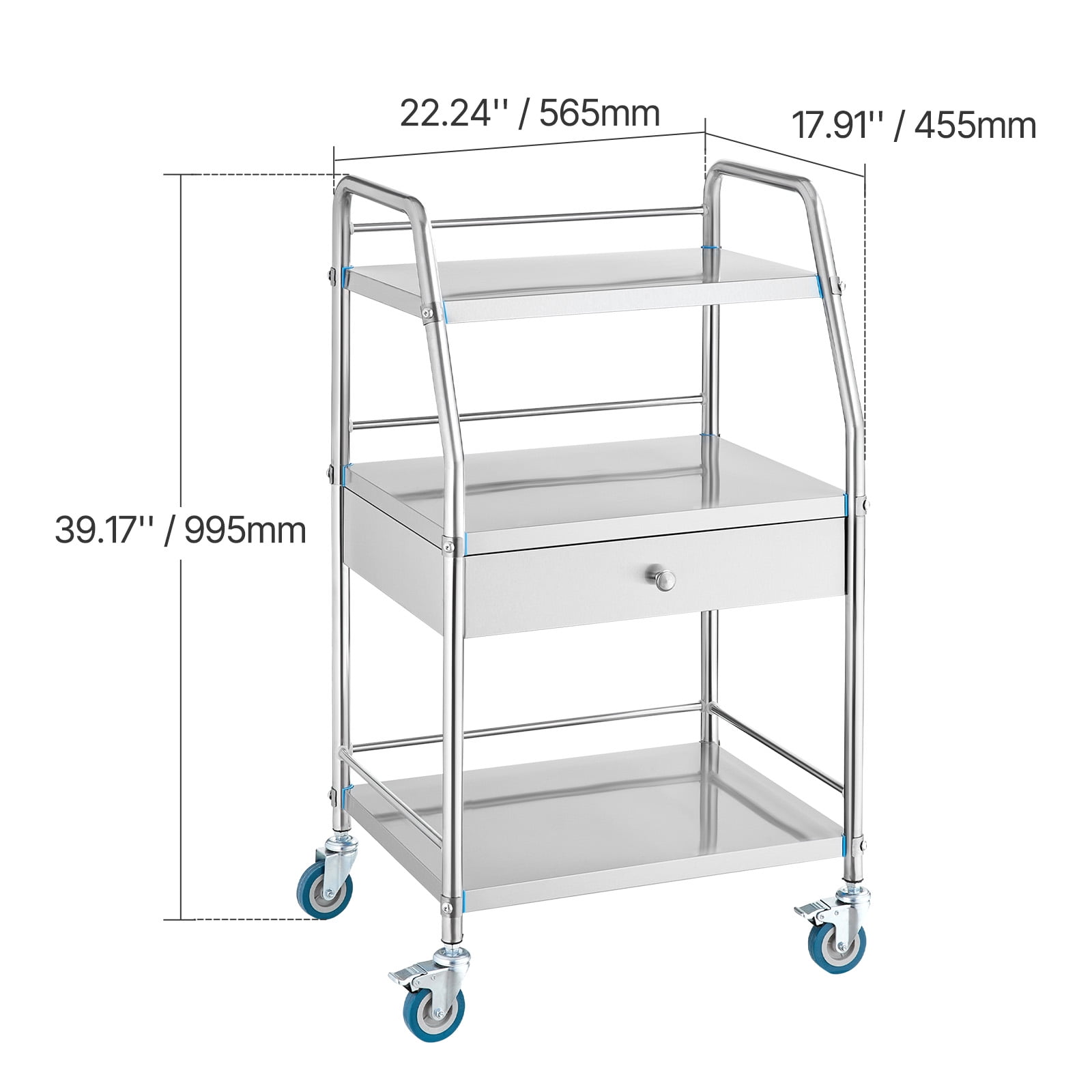 VEVOR Service Cart, 3 Layers Stainless Steel Utility Rolling Cart, Medical Cart with Drawer, Dental Utility Cart with Lockable Wheels, Ideal for Laboratory, Hospital, Dental Use