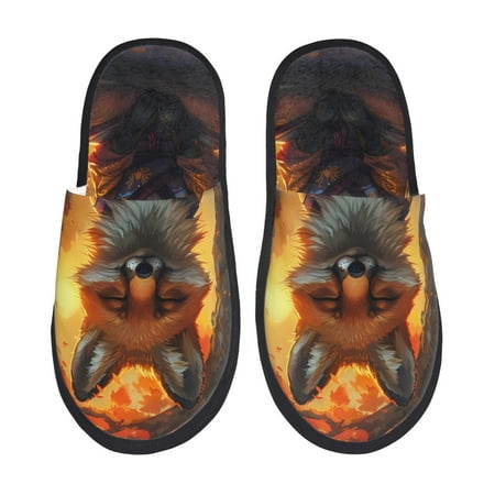 

Rateoe Sunset Maple Tree Fox Pattern Fuzzy Slippers Fuzzy Soft House Slippers Plush Furry Warm Cozy Open Toe Fluffy Home Shoes-Medium