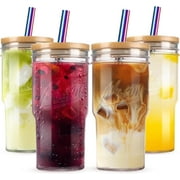 24 oz Glass Cups with Lids and Straws - 4 Pack Tumbler Cups Wide Mouth Mason Jar Drinking with Bamboo Lid and Straw, Reusable Glass Tea Cup for Smoothie, Iced Coffee, Water, Juice, Milk