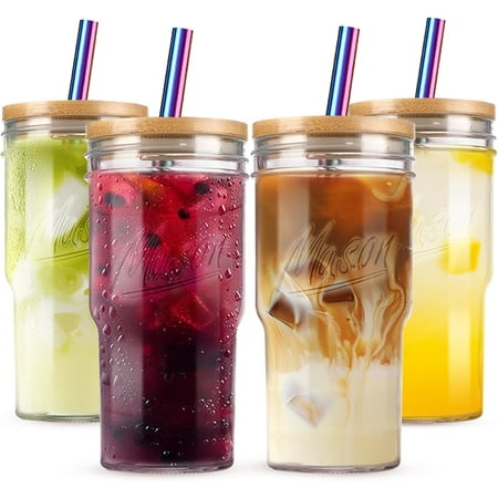 24 oz Glass Cups with Lids and Straws - 4 Pack Tumbler Cups Wide Mouth Mason Jar Drinking with Bamboo Lid and Straw, Reusable Glass Tea Cup for Smoothie, Iced Coffee, Water, Juice, Milk