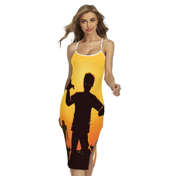 Halloween Walking Zombie Printed Cross Back Cami Dress, Halloween Decorative Fashion Summer Maxi Sexy Casual Dress For Women