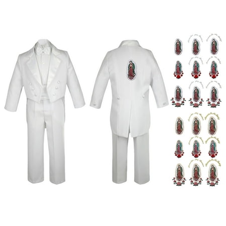 

New Born Baby Boy Teen Christening Formal White Tail Suit Silver Virgin Mary On Back SM-20