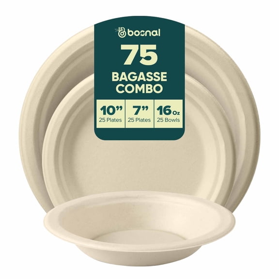 BOSNAL 10 inch and 7 inch Round Sugarcane Bagasse Dinner Plates with 16 oz Bowls, Compostable Disposable Tableware for Parties and Catering